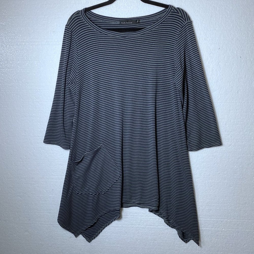 Cut Loose Womens Size XS Tunic Top Striped Lagenlook Pocket Asymmetrical Blue